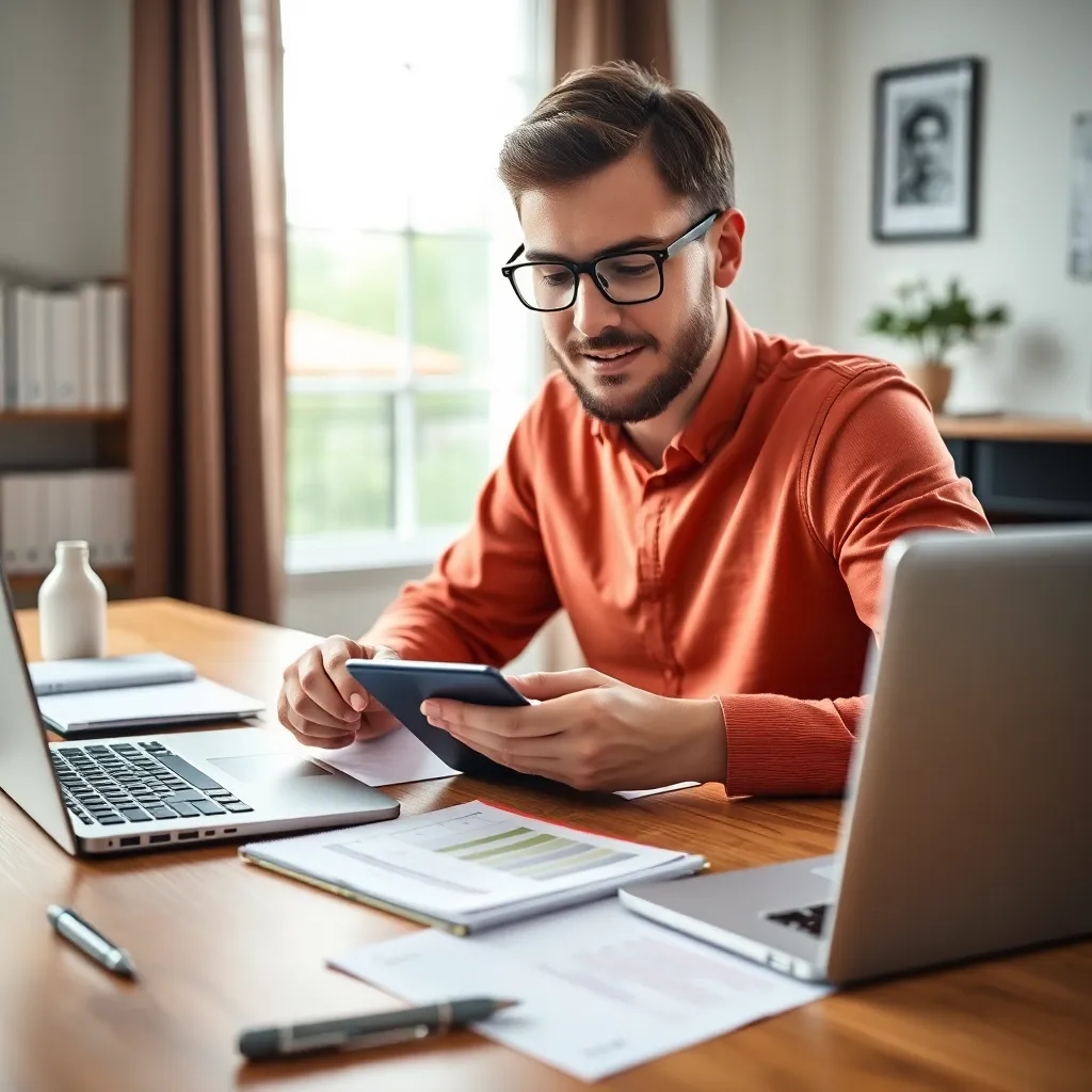 Man die pensioenplannen bekijkt op zijn computer
